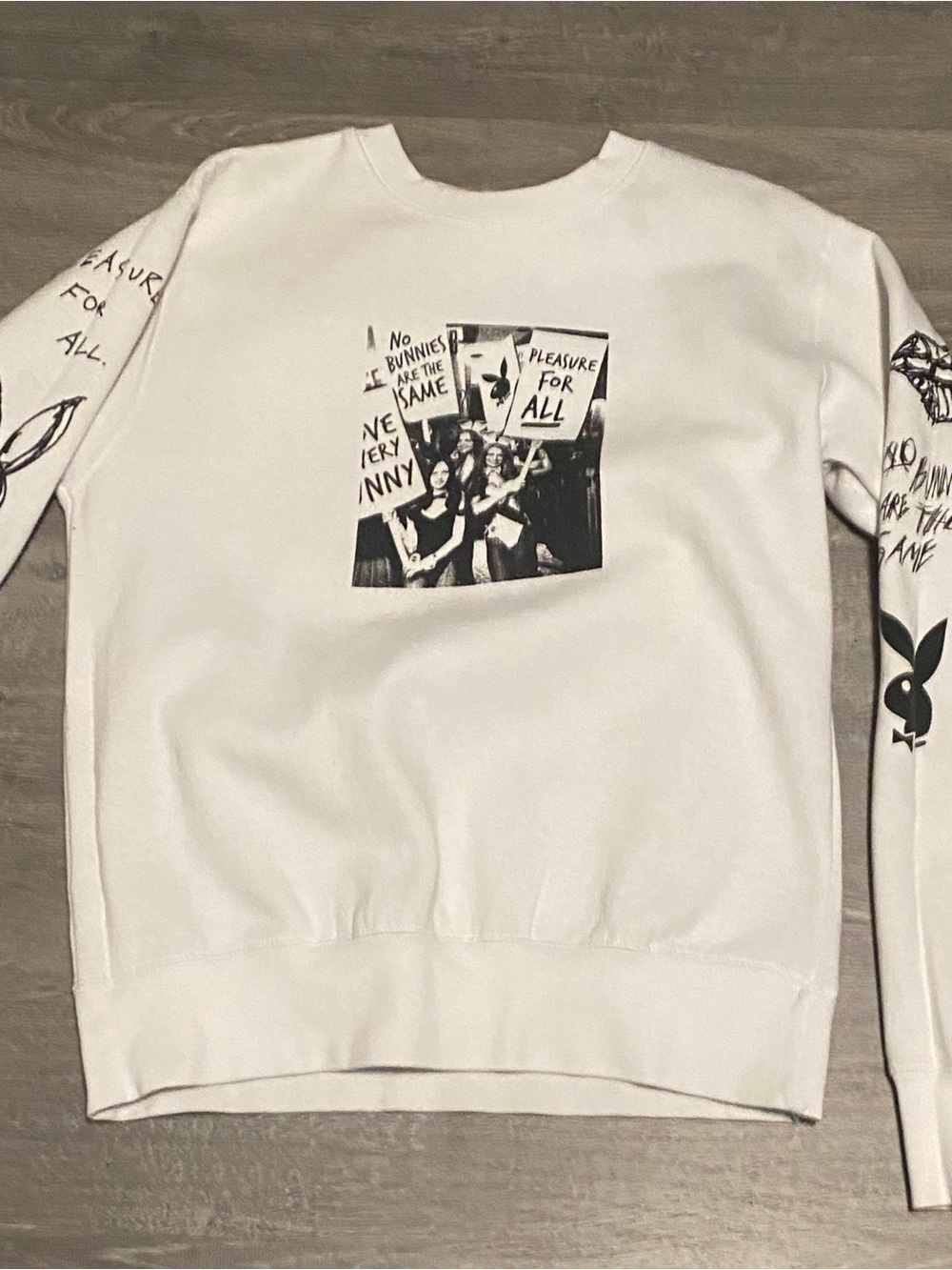 PLAYBOY White Crewneck Sweatshirt with Black Graphic & Sleeve Prints